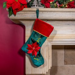 Discount ???? Festive Red And Green Velour Luxury ???? Christmas Stocking With Poinsettia ????