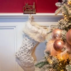 Wholesale ✨ Festive White Fur 🔔 Christmas Stocking With Silver Snowflake Design 😍