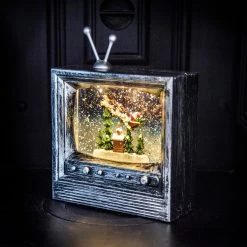 New ⭐ Kaemingk Silver TV Glitter Lit Water Spinner Decoration With Santa And Sleigh ⌛